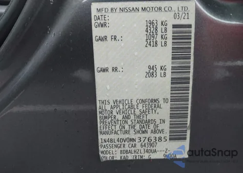 2021 Nissan Altima Sv Fwd from USA, damaged, VIN 1N4BL4DV0MN376385